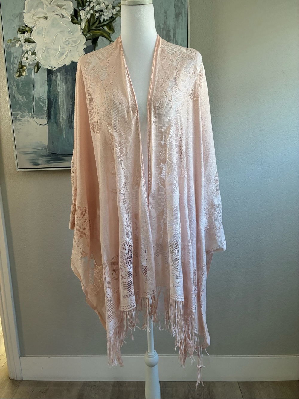 Do Everything In Love Blush Pink Lace Fringe Kimono Shawl- One Size